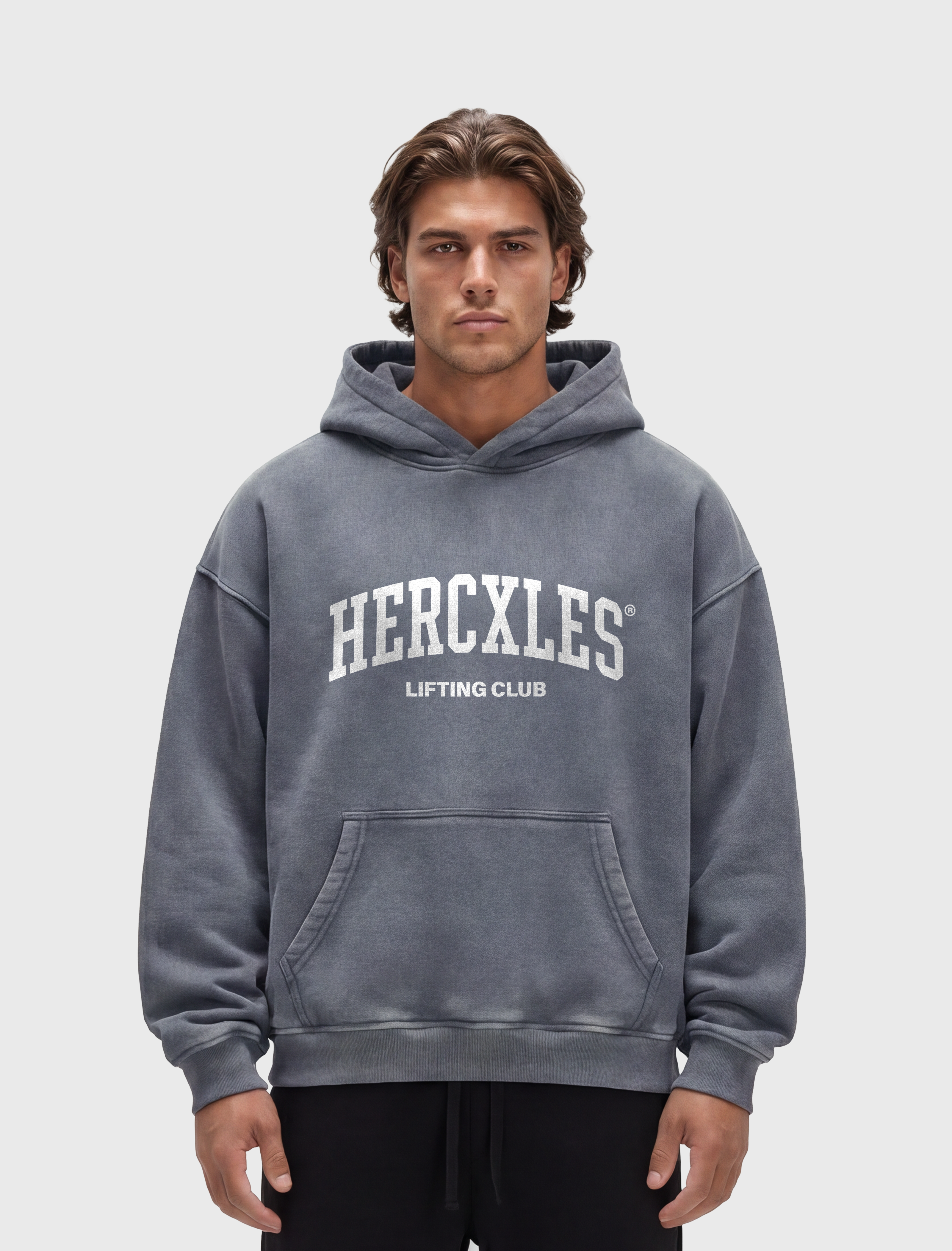 HERCXLES Lifting Club Snow Wash Oversized Hoodie - Washed Blue model front